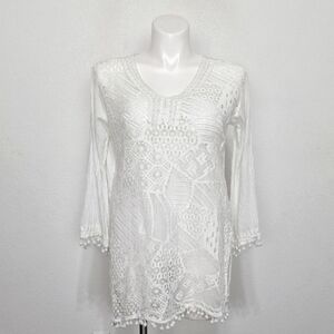 S.R. Fashion White Coquette Boho Crochet Semi Sheer Cover Up/Tunic Top Size XL